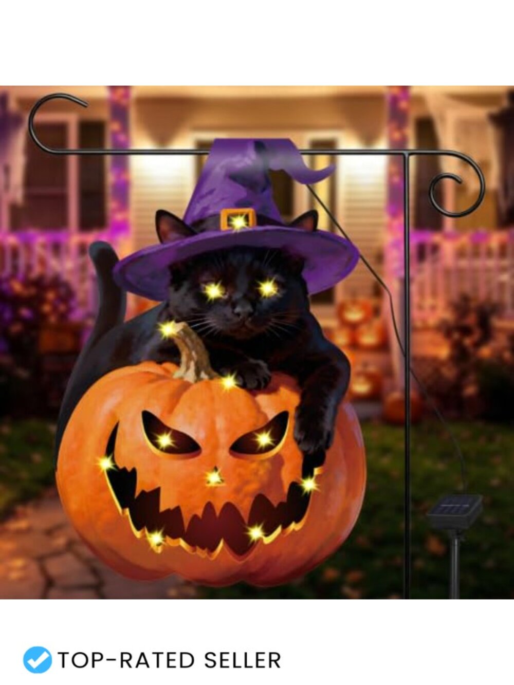 Solar Powered Halloween Garden Flag Black Cat Pumpkin LED Yard Decor